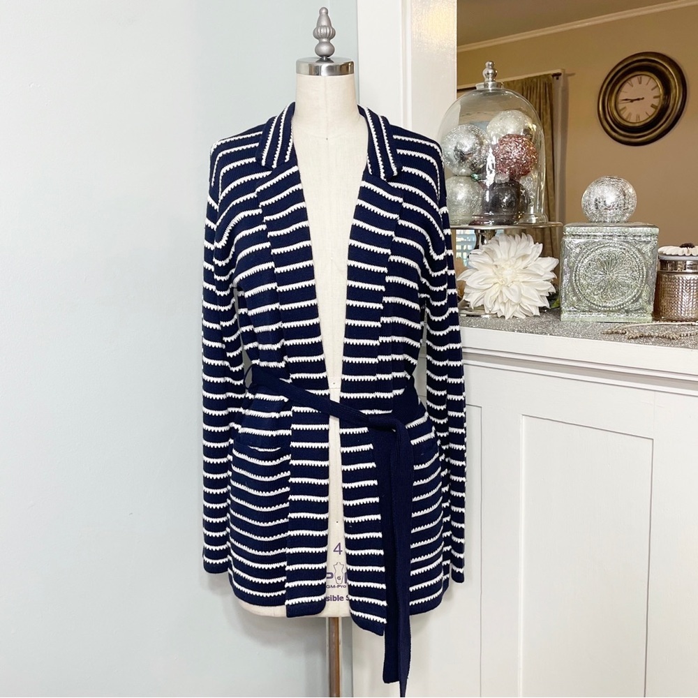 Talbots Supersoft Cashmere Belted Striped Sweater Cardigan Medium NWT - Picture 3 of 10